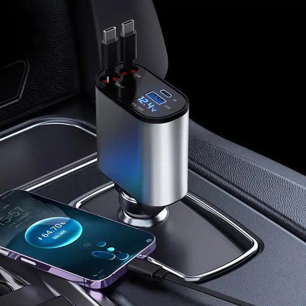 4-in-1 Retractable Car Charger with USB A, PD, and Dual USB-C Cables