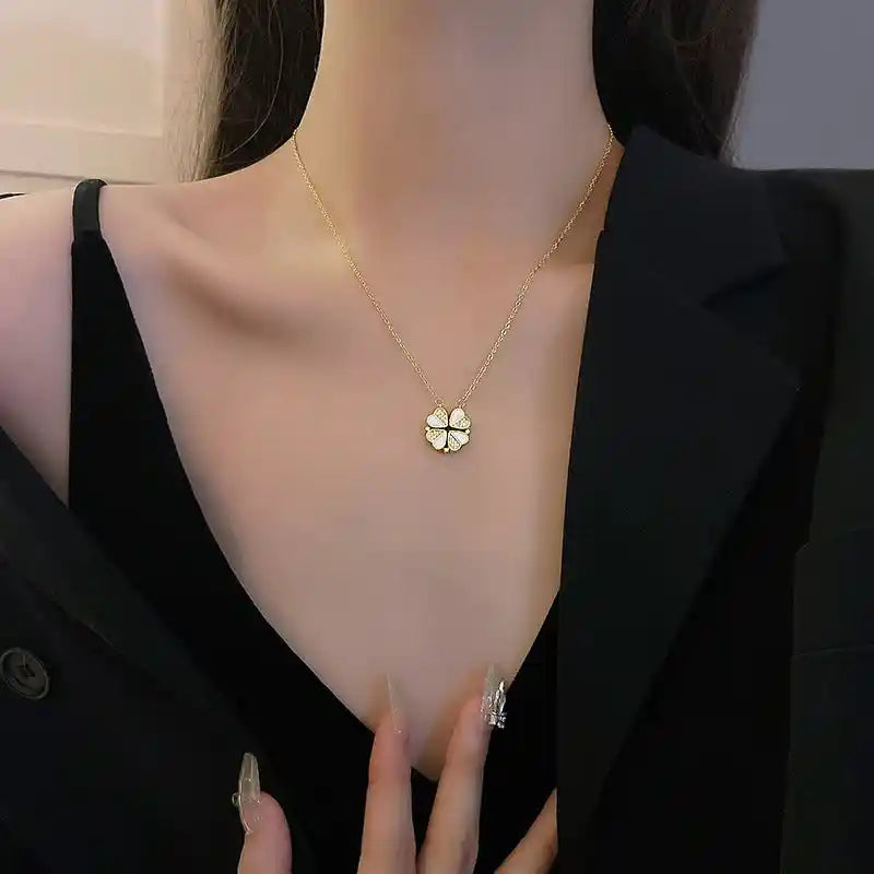 Luxury Four Leaf Clover Pendant Necklace – Stainless Steel Crystal Heart Jewelry for Women