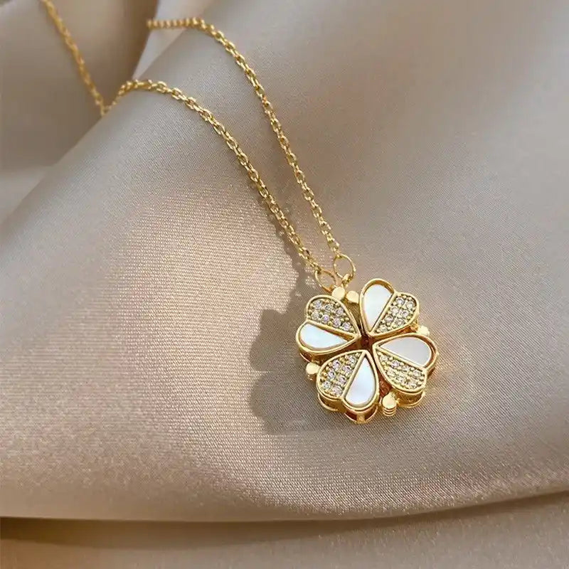 Luxury Four Leaf Clover Pendant Necklace – Stainless Steel Crystal Heart Jewelry for Women