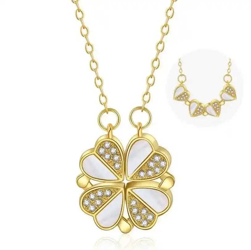 Luxury Four Leaf Clover Pendant Necklace – Stainless Steel Crystal Heart Jewelry for Women