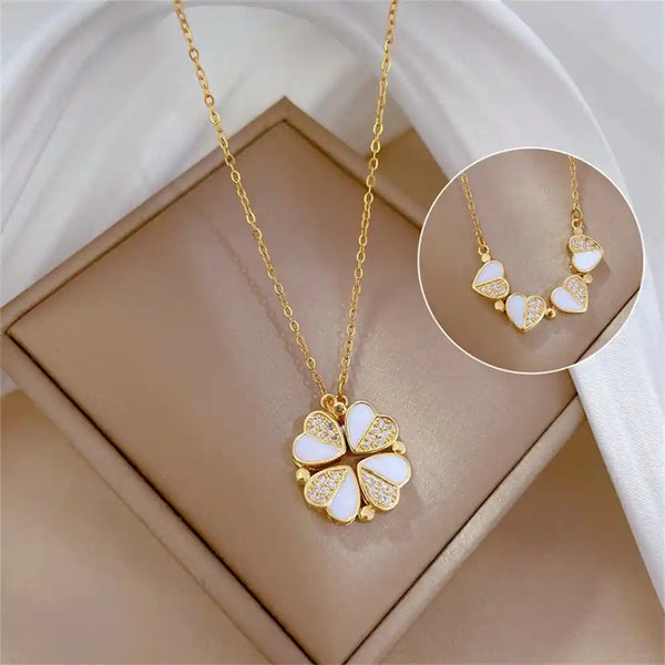 Luxury Four Leaf Clover Heart Pendant Necklace for Women – Crystal Stainless Steel Jewelry